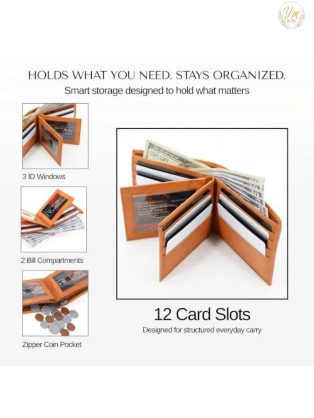Men's Bifold Leather Wallet RFID Blocking 12 Card Slots Zipper Pocket
